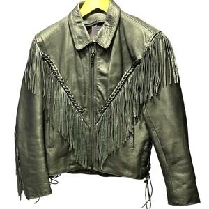 Womens Black Leather Fringe Boho Biker Cropped Heavy Weight Jacket Vintage S/M